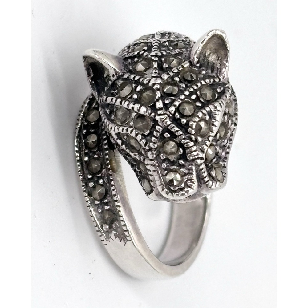 Vintage 925 Sterling Silver Marcasite Panther Cat Statement Ring Size 8